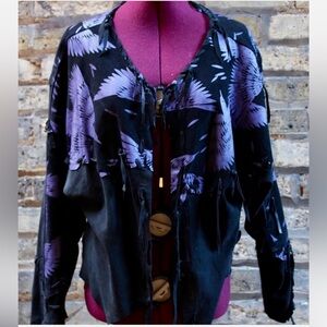 Vintage Black and Purple Painted Genuine Suede Boho Hippie Jacket Birds Ravens